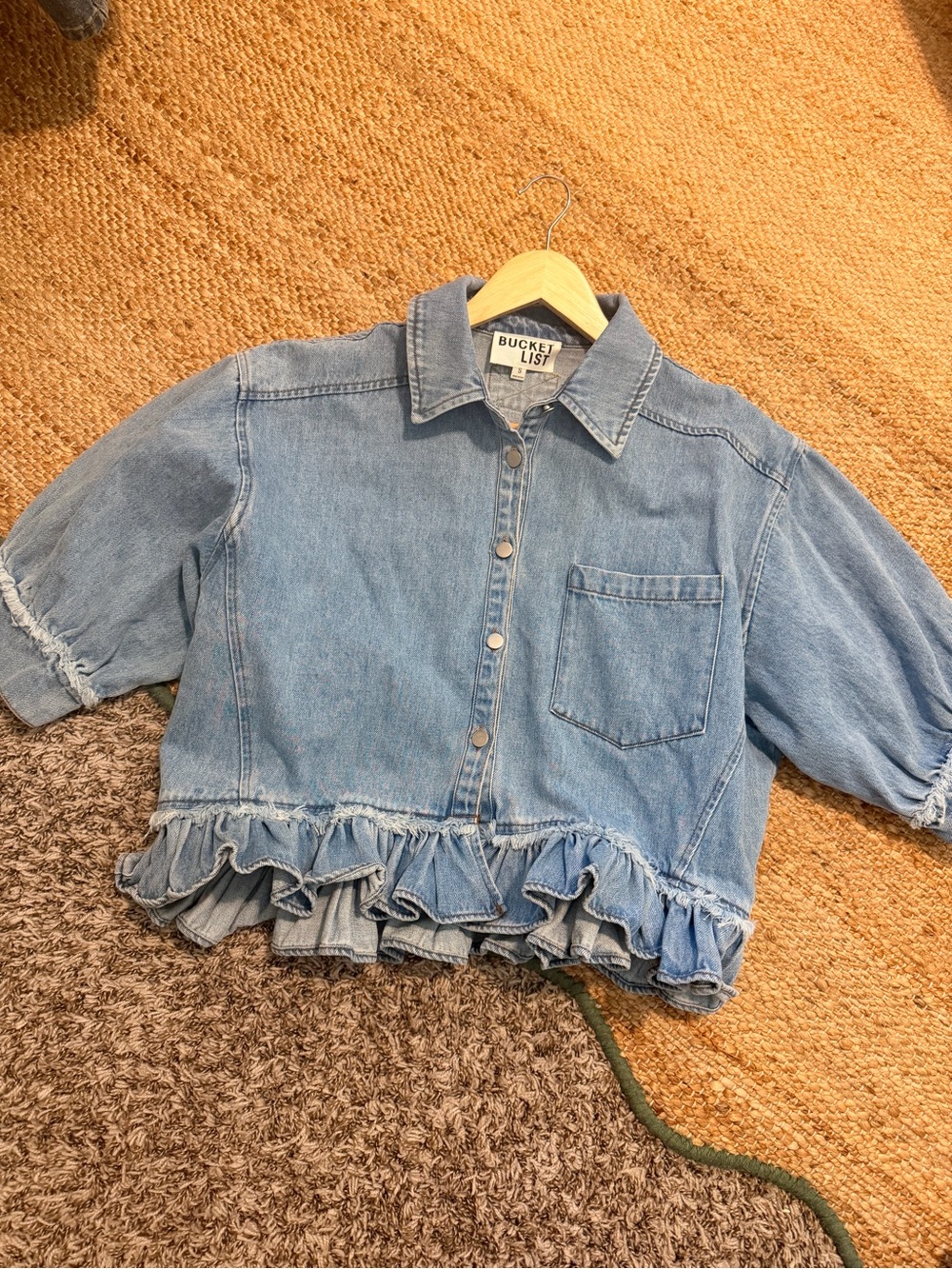 BUCKETLIST Light Blue Cropped Denim Top with Ruffle Hem